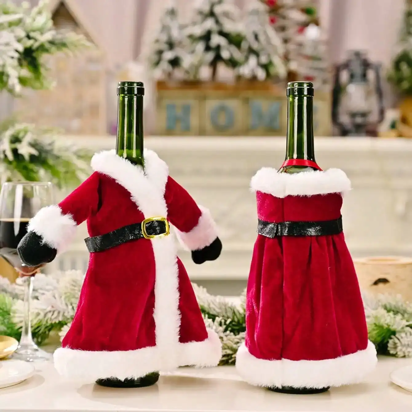 2025 Christmas Wine Bottle Cover Set Golden Velvet Dress Clothes Wine Bottle Bag Sleeve Xmas New Year Dinner Table Decoration
