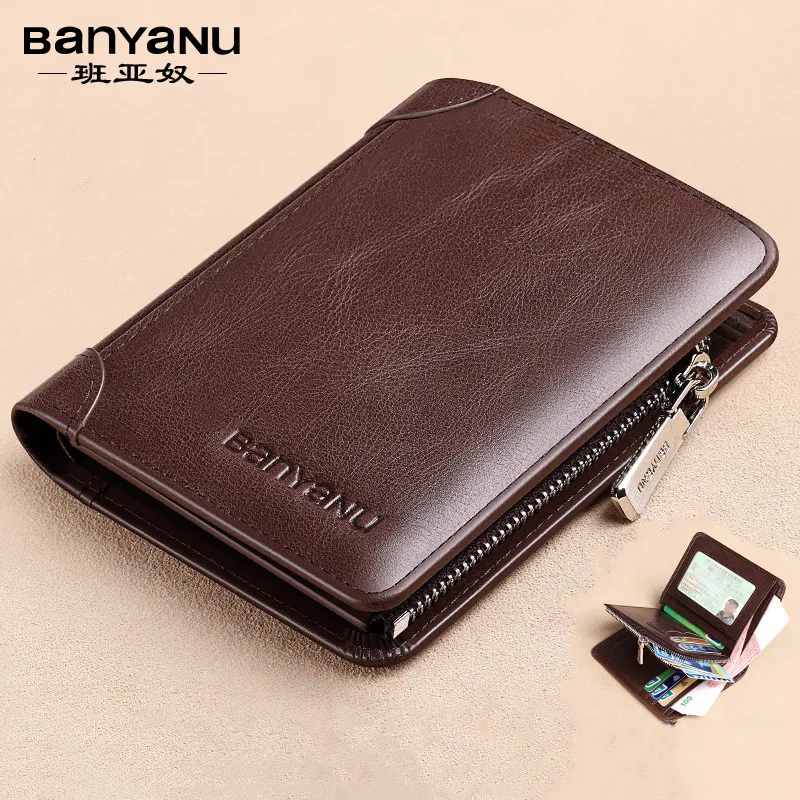 Genuine Leather Wallets For Men Vintage Multi Function Business Purse RFID Blocking Zipper ID Credit Card Holder Mens Wallet