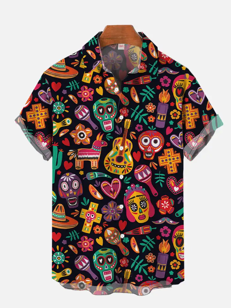 

2024 Fashion Men's Hawaiian shirts Mexican Style Colorful Graffiti Art Poster Prints Short Sleeve Shirt Hawaii style clothing