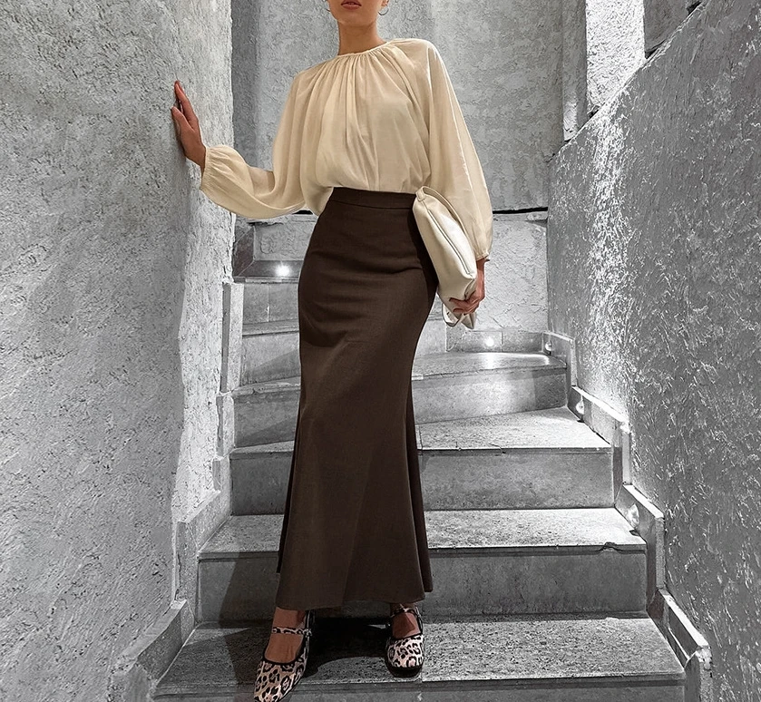 Temperament Commuter High Waist Fashionable Half Skirt Solid Color Hip Wrapping Sexy Slimming Suit Long Skirt for Women