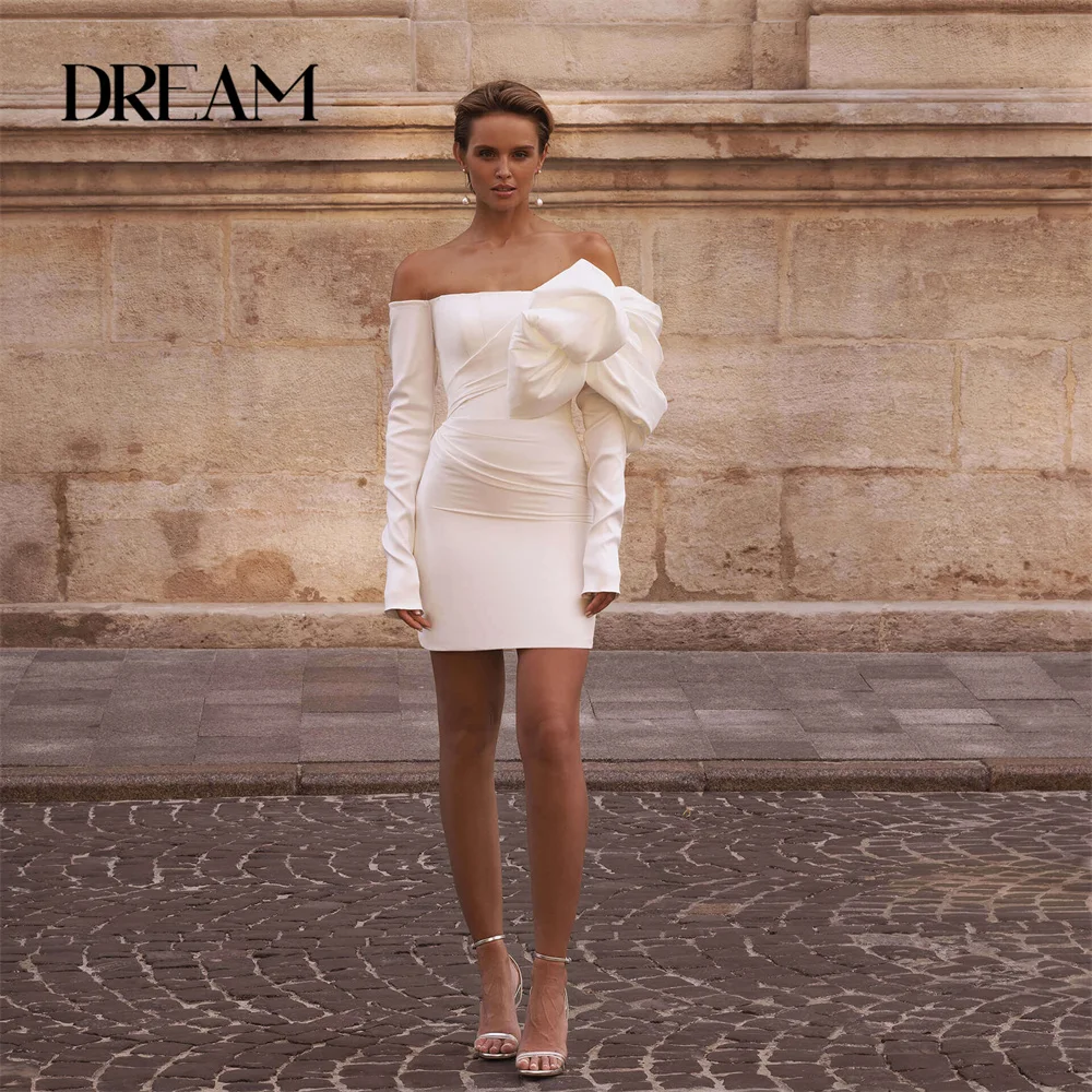 

DREAM Simple Long Sleeves Short Wedding Dress Off The Shoulder Open Back Pleat Sheath Bridal Gown Vestidos De Novia Customized