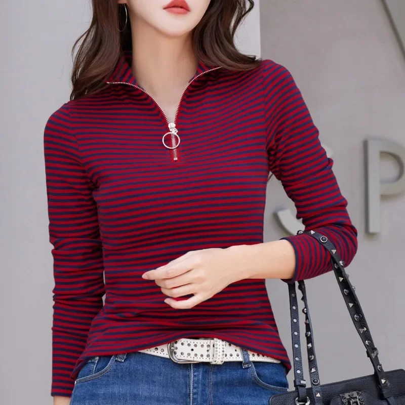 

Spring and Autumn Women's Pullover Half High Neck Zipper Solid Stripe Contrast Long Sleeve T-shirt Underlay Elegant Casual Tops