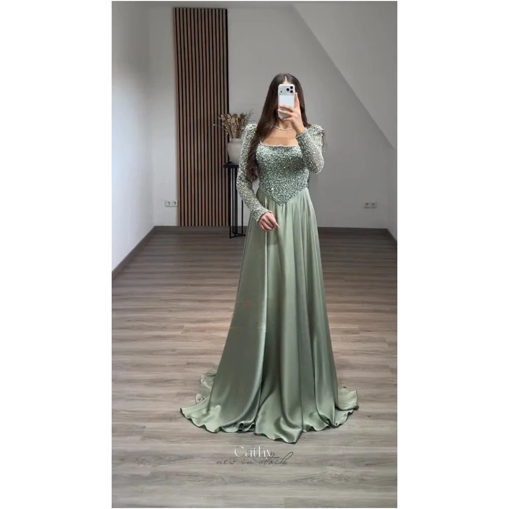 

Cathy Customized Olive Green Rhinestones Square Neck Long Sleeve Prom Dress A-line vestidos de noiva Floor-length Formal Evening