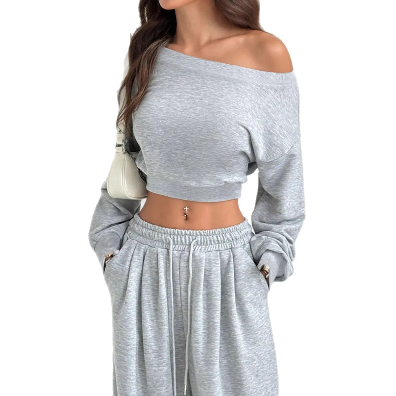 2026 Women's Autumn And Winter Sports Pure Color Off-shoulder Long Sleeve Hoodie Set, Pure Color Waist Drawstring Elastic
