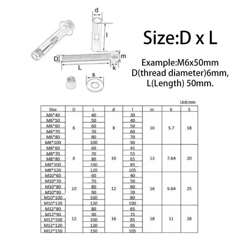 M6 M8 M10M12 Expansion Screw 304 Stainless Steel Hexagon Socket Internal Expansion Screw Sleeve Concrete Anchor Built-in Tension