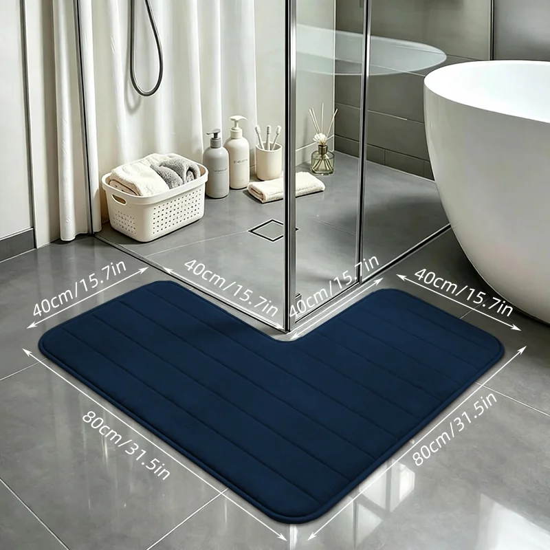 1 Stück L-förmige, rutschfeste und saugfähige Badematte, dicke, schnell trocknende Fußmatte aus Korallenfleece, mit horizontalen Streifen geprägtes Design, geeignet für Hotels, Gästehäuser und den privaten Gebrauch, rutschfester und schmutzabweisender Teppich für den Duschbereich im Badezimmer. – Detail 7