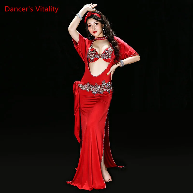 Ropa de rendimiento folclórico de danza del vientre para mujer, sujetador, bata, diadema, cinturón y calzoncillos, traje de baile, 4 piezas, nuevo