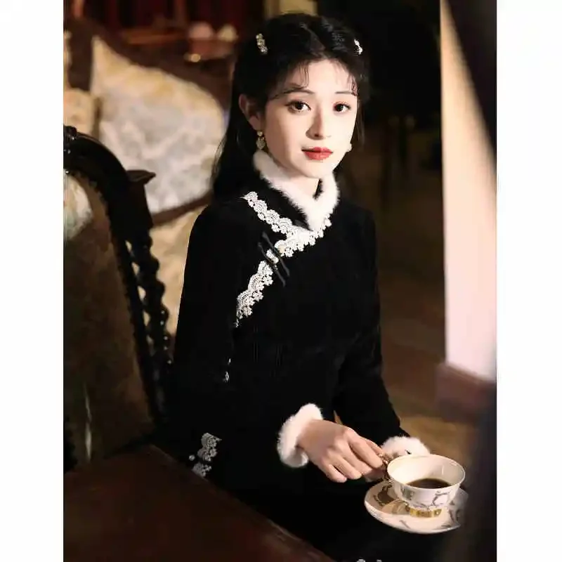

Black Cheongsam Chinese Style Traditional Thickened Qipao Dress Winter New Elegant Velvet Daily Cheongsam for Women