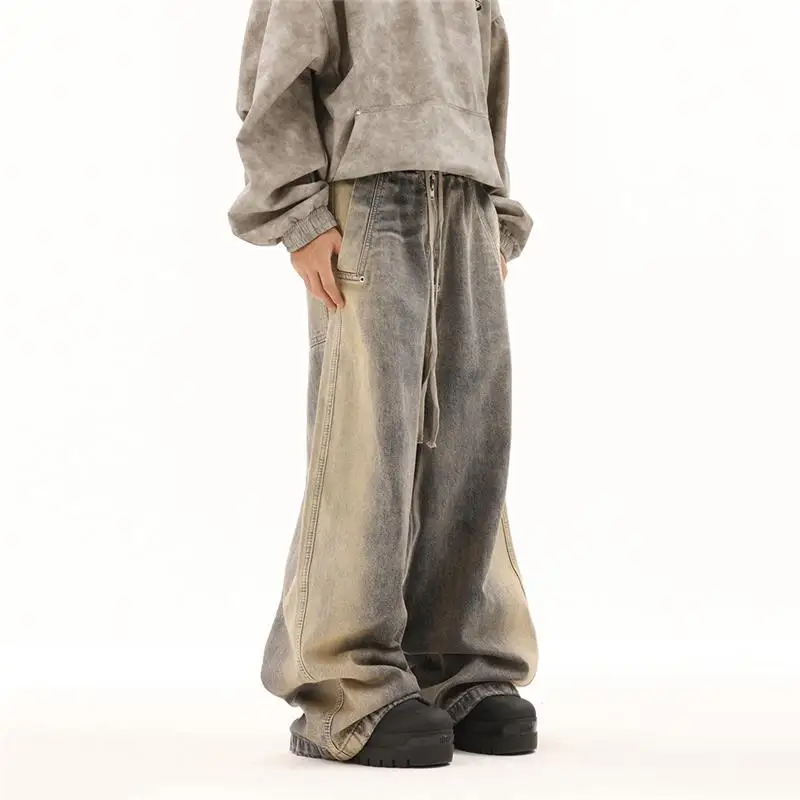 

Retro American Sle Men's Workwear Jeans Loose Wide Leg Floor-Length Zipper Waed Dstring Faded Old-Timey Look