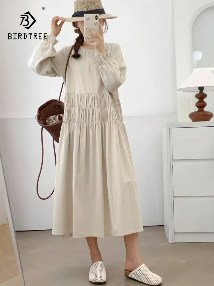 

New 2025 Autumn Cotton Lantern Sleeve Dresses, Women O Neck Folds Solid, Mori Girl Retro Japan Style Chic Loose Dress D58328CC
