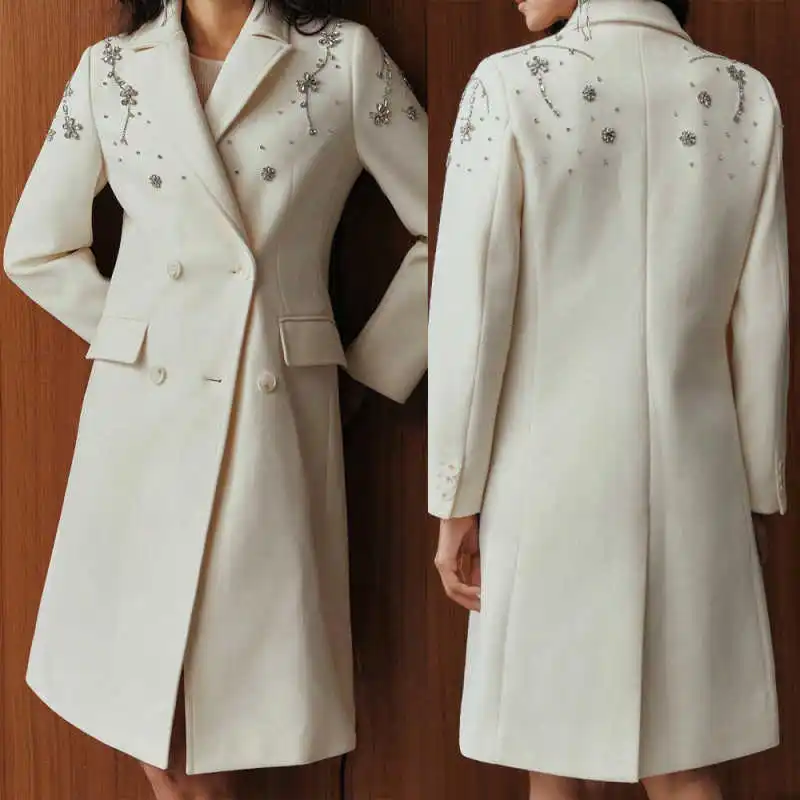 

Winter Women Long Overcoat Crystal Flowers Double Breasted One Piece Jacket Prom Birthday Party Formal Wear Customized
