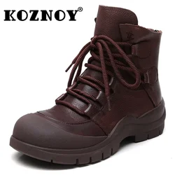 Koznoy 5cm Retro naturalna krowa prawdziwej skóry motocyklowe buty do kolan damskie mieszkania Punk botki platformy botki na koturnie