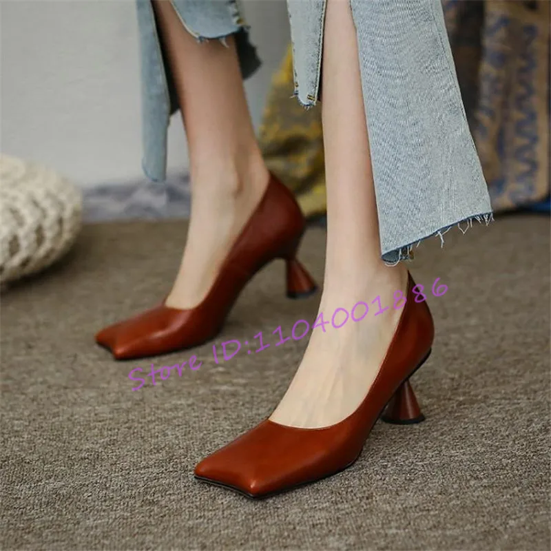 

Novel Square Toe Leather High Heels for Women Fashion Retro Shallow Spike Heel Pumps Elegant Party Banquet Female Shoes