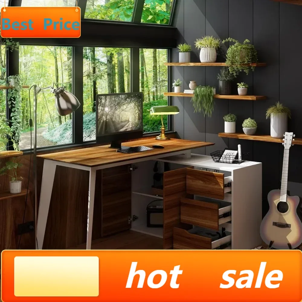 

Изысканный угловой компьютерный стол для домашнего офиса с 3 ящиками, 2 полками и 2 дверцами, большой L-образный письменный стол для учебы и работы, 55 дюймов.
