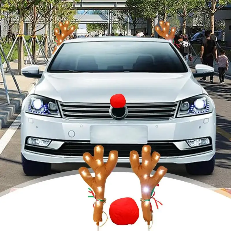 Christmas Car Decor Christmas Tree Reindeer Antlers auto Kit Holiday Car Accessories Elk Antlers and Nose Decoration for Vehicle