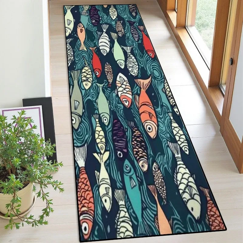 Läuferteppich mit Fischmuster, bunter Cartoon-Fisch, Ozeanwellen-Druck, Teppich im Retro-Ethno-Stil, weiche, rutschfeste Bodenmatte für den Flur