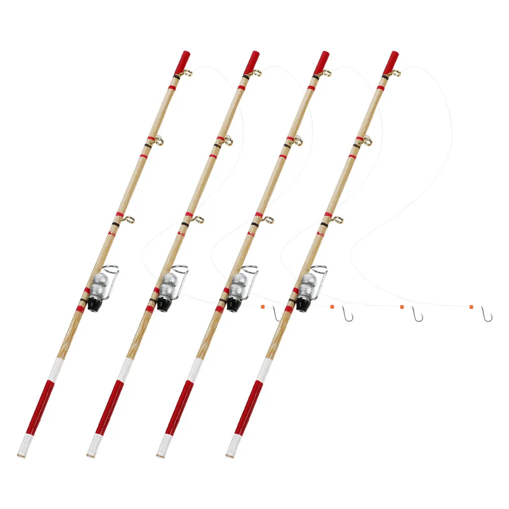 

4 Pcs Miniature Fishing Gear Set Pole Prop Wood Toy Miniatures Dollhouse Fisherman Accessory Fake Rod