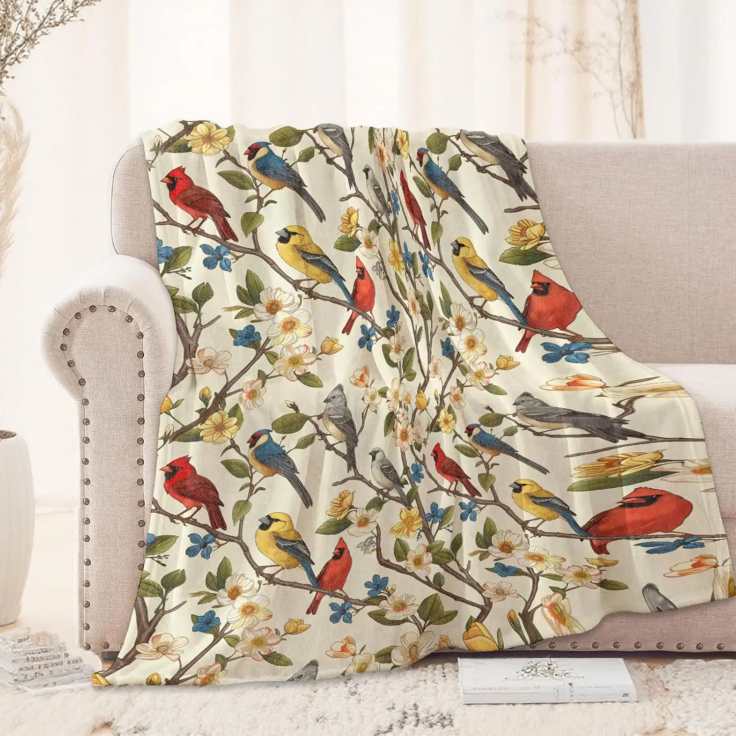 Vintage Botanical Multicolor Songbirds Spring Flower Branch Art Print Flannel Blanket Warm Throw for Couch Travel Balcony Home D