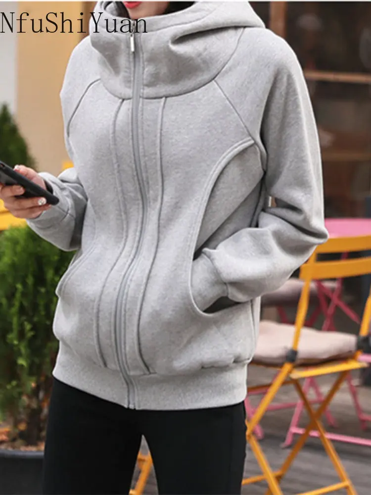 Korean Fashion Hooded High Neck Thick Brushed Warm Sweater Hoodies Women  Zip Up Hoodie  Women Clothing  Clothes for Women