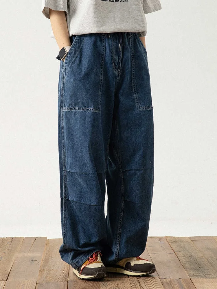 

Retro Japanese Style Deep Blue Jeans Loose Wide Leg Pants Men Women Large Size Trousers with Pockets Workwear Long Trousers