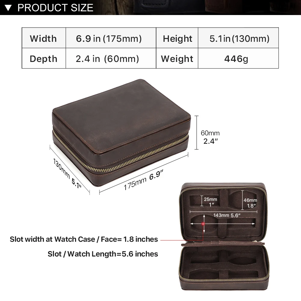 Retro Genuine Leather 4 Slots Watch Box Organizer With Card Holder Travel Watch Display Storage Zipper Case Men Luxury