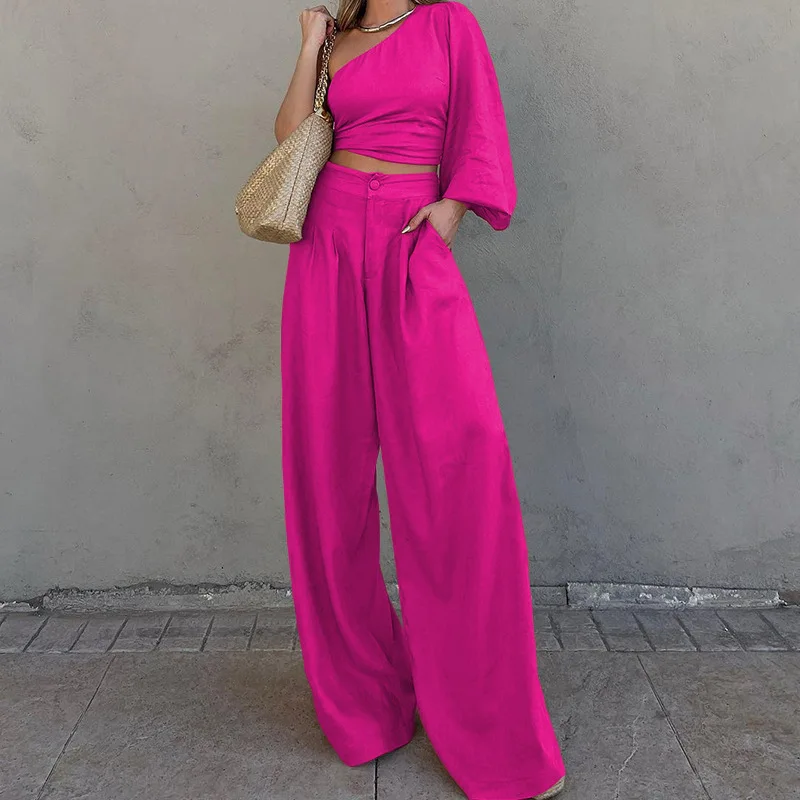 Sexy One Shoulder Shirt And Wide Leg Pant Twp Piece Sets Women Fashion Pure Color High Waist Pants Sets New Spring Crop Top Suit