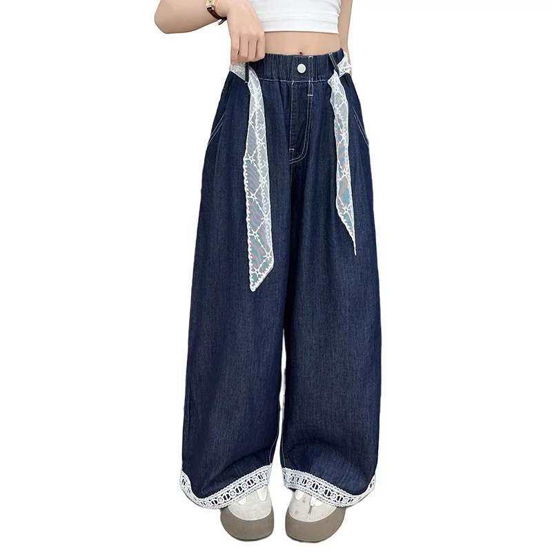 Kids Fashion Wide Leg Jeans With Lace Bottom for Tween Girl Causal Loose Fit Denim Pants Child Street Trousers Lace Drawstring