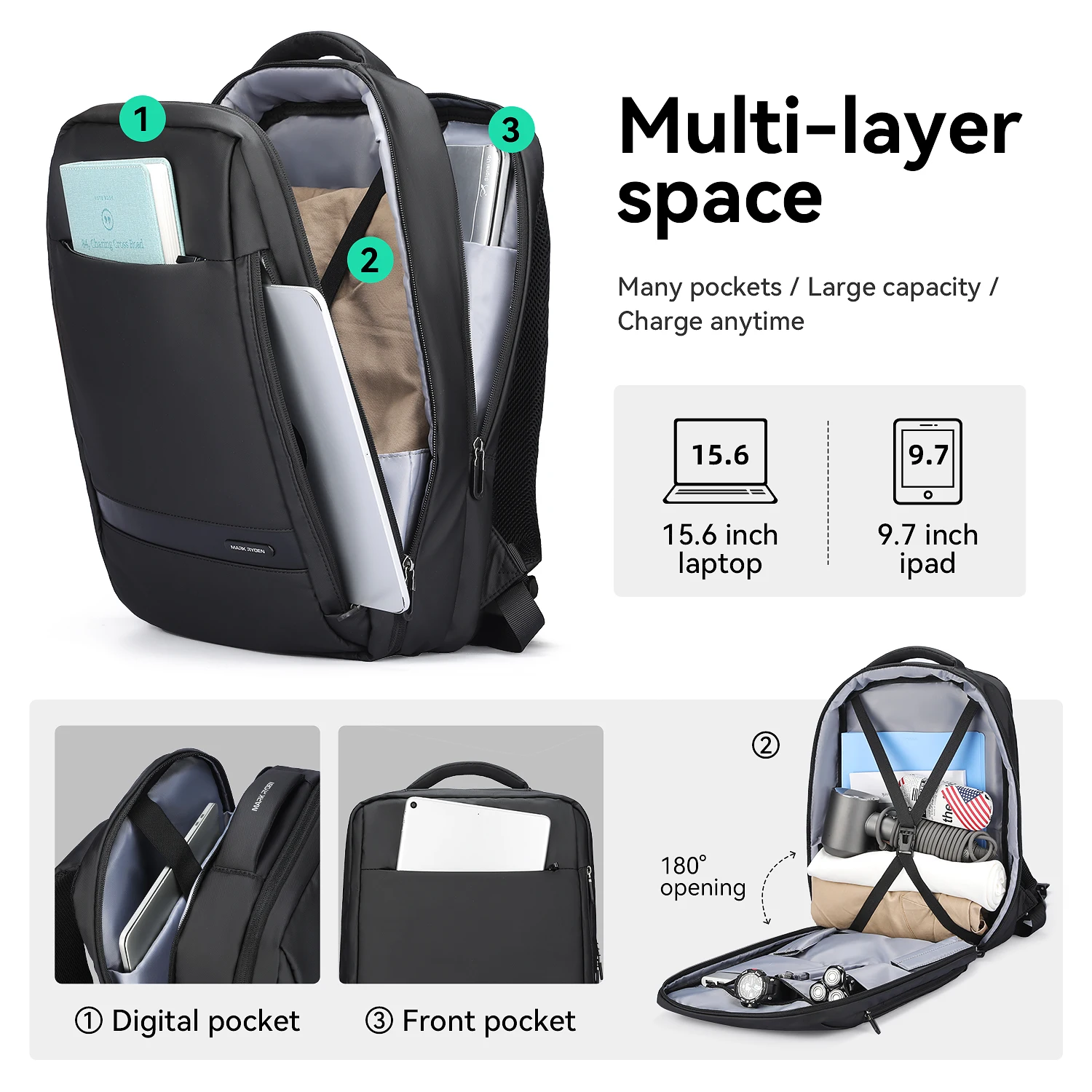 Mark Ryden15.6-inch waterproof USB charging port travel backpack large capacity can be expanded 180 degrees SBS zipper