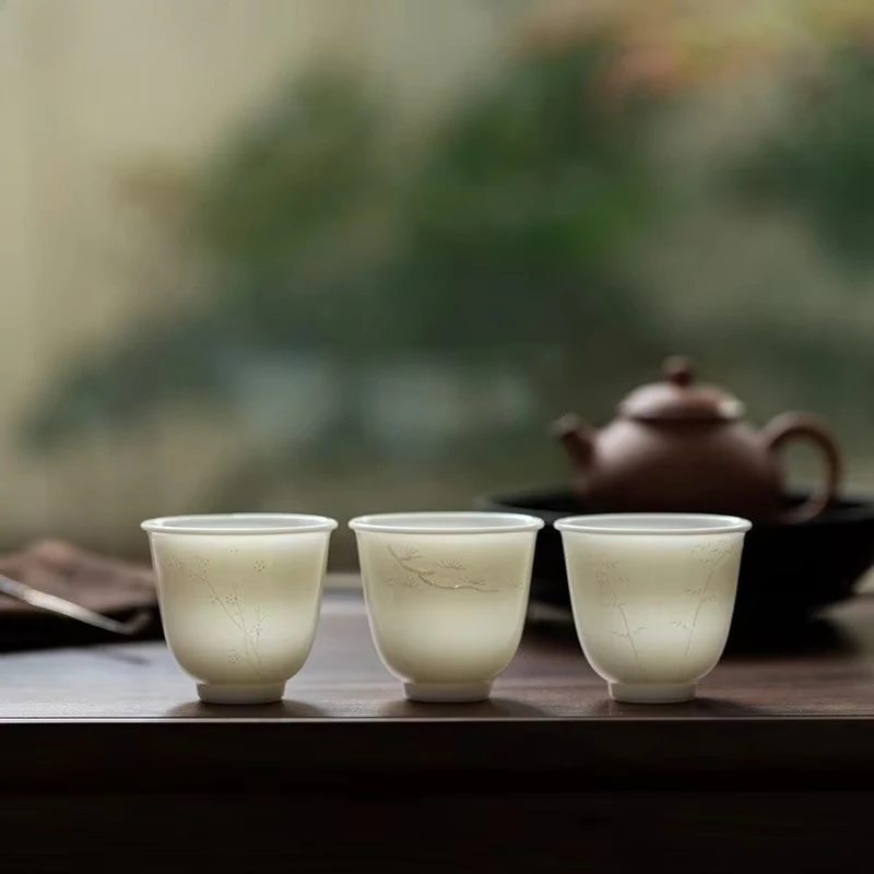 White Ceramic Relief Tea Cup – Pure Glaze Kung Fu Master Cup – Home Gongfu Teaware with Plum Blossom\bamboo\pine Carvings