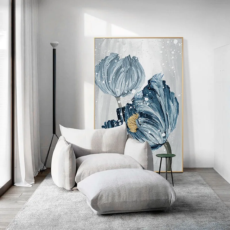 Custom Hand-painted Oil Painting Abstract Blue Flowers Thick Texture Living Room Bedroom Study Large Art Decorative Painting