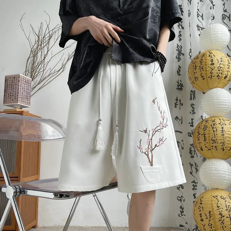 Men's Plum Blossom Embroidered Shorts Summer Loose Fit Casual 5-Point Pants Elastic Waist Tassel Drawstring Breathable Bottoms