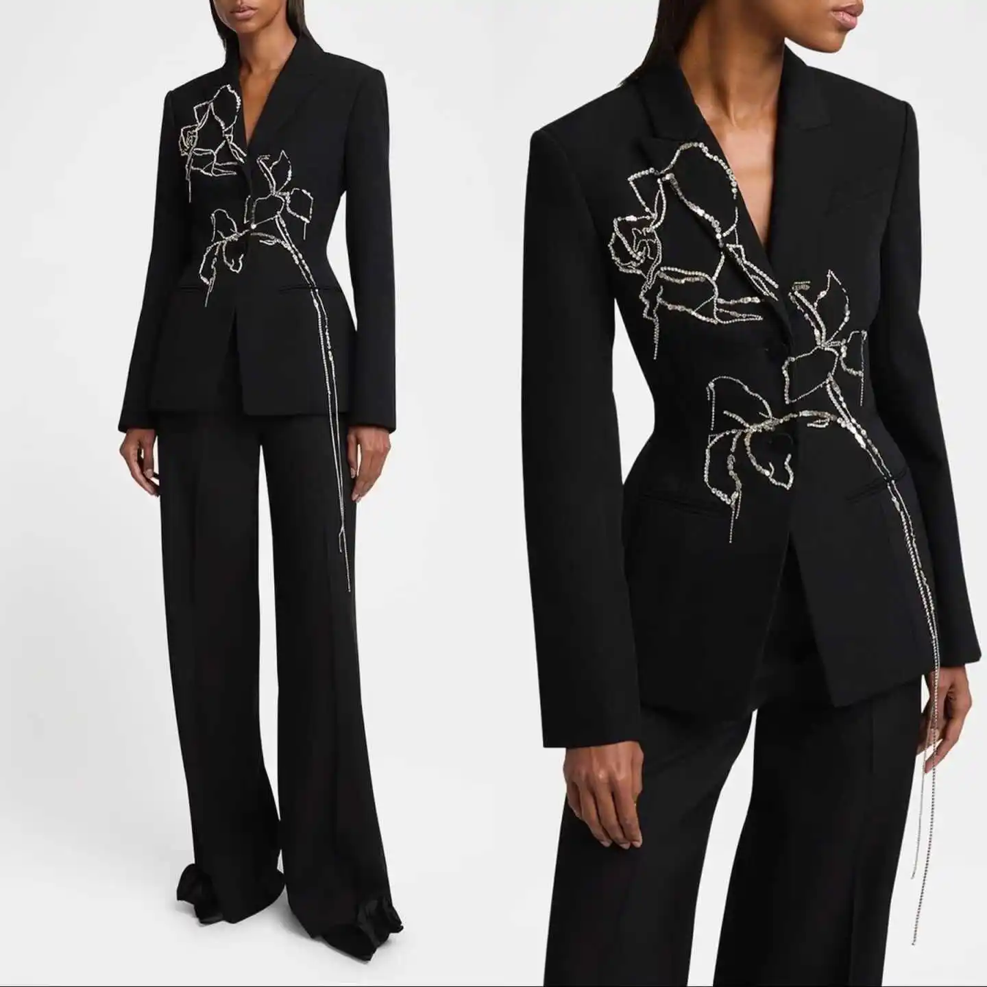 

Fashion Sequins Suits For Women Single Breasted Peaked Lapel Pant Sets Beadeds Office Ladies Work Customized Outfits