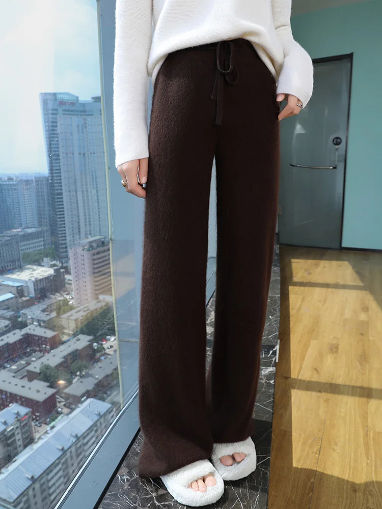 Women’s 100% Mink Cashmere Wide Leg Pants Elastic Waist Knitwear Autumn Winter Chic Simple Casual Drawstring Cashmere Trousers