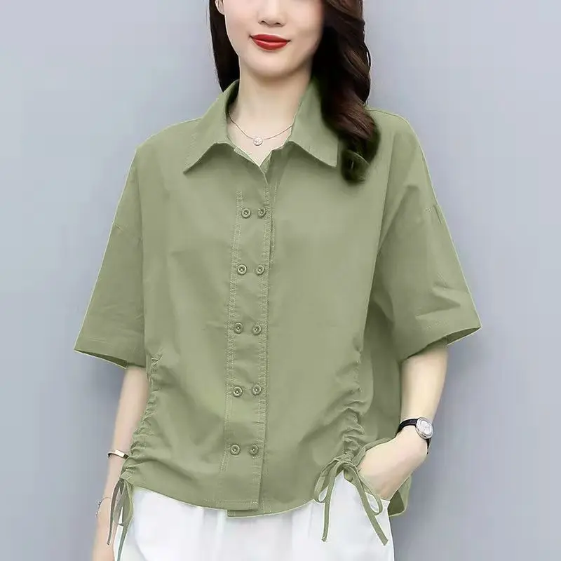 2023 Summer New Short Sleeve Fashion Cotton Shirt for Women Loose Lapel Pleated Casual Blouse Solid Color Button Vintage Tops