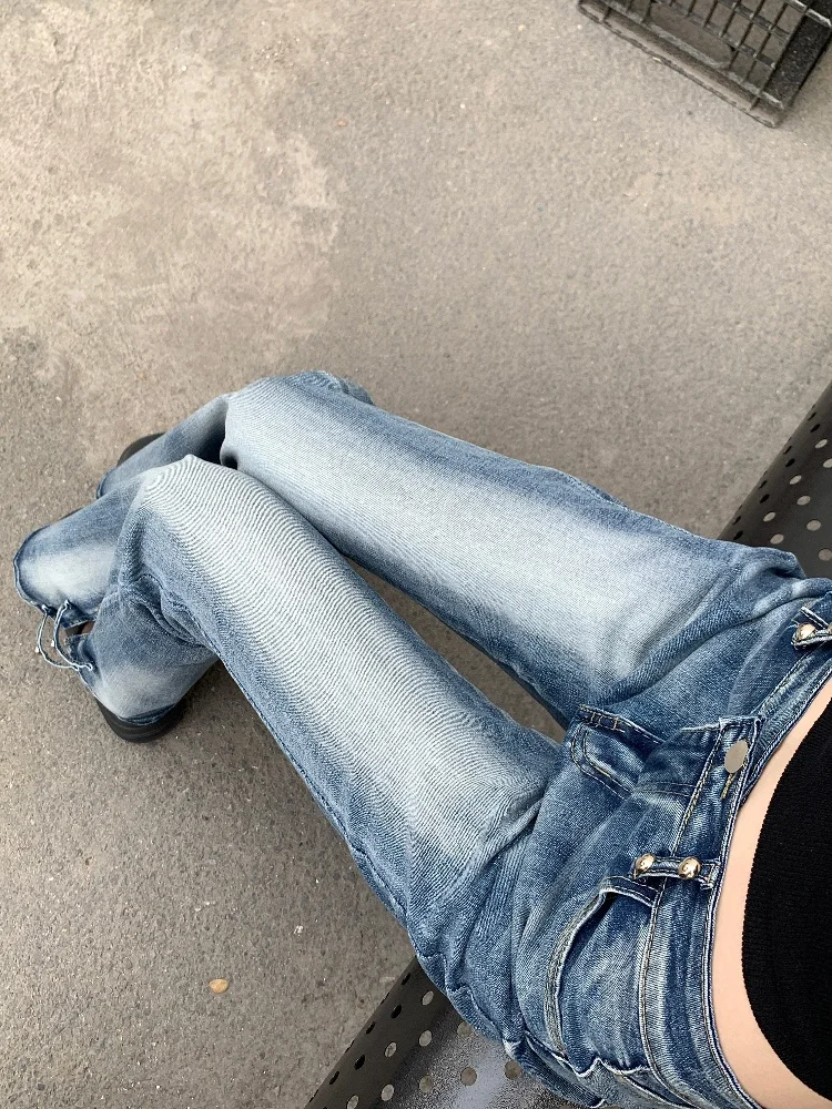 2025 ropa y2k moda lavada angustiado azul magro alargamento novas calças jeans para roupas femininas coreano casual senhora velho denim calças