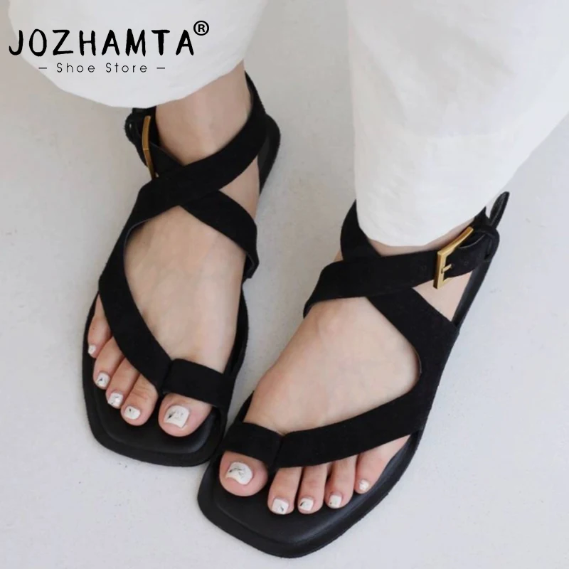 JOZHAMTA, sandalias planas de talla 34-43 para mujer, chanclas cómodas de cuero auténtico, zapatos de plataforma de verano, vestido informal de playa para uso diario 2025 Ins