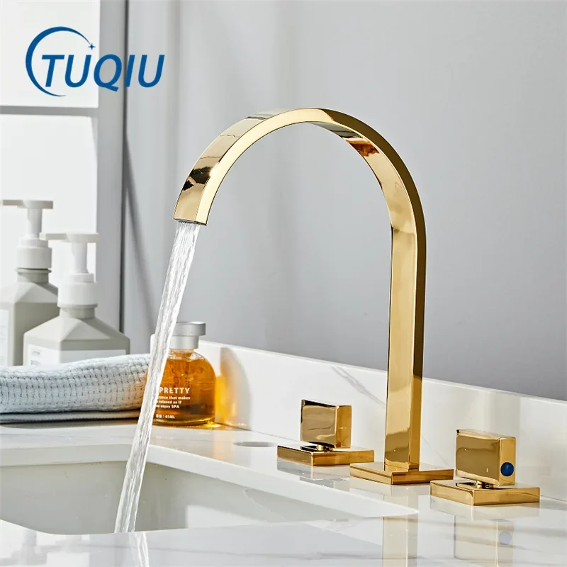 Basin Faucet Gold Sink Tap Brushed Gold Square Brass Faucet Bathroom Sink Faucet 3 Hole Double Handle Hot And Cold Water Tap