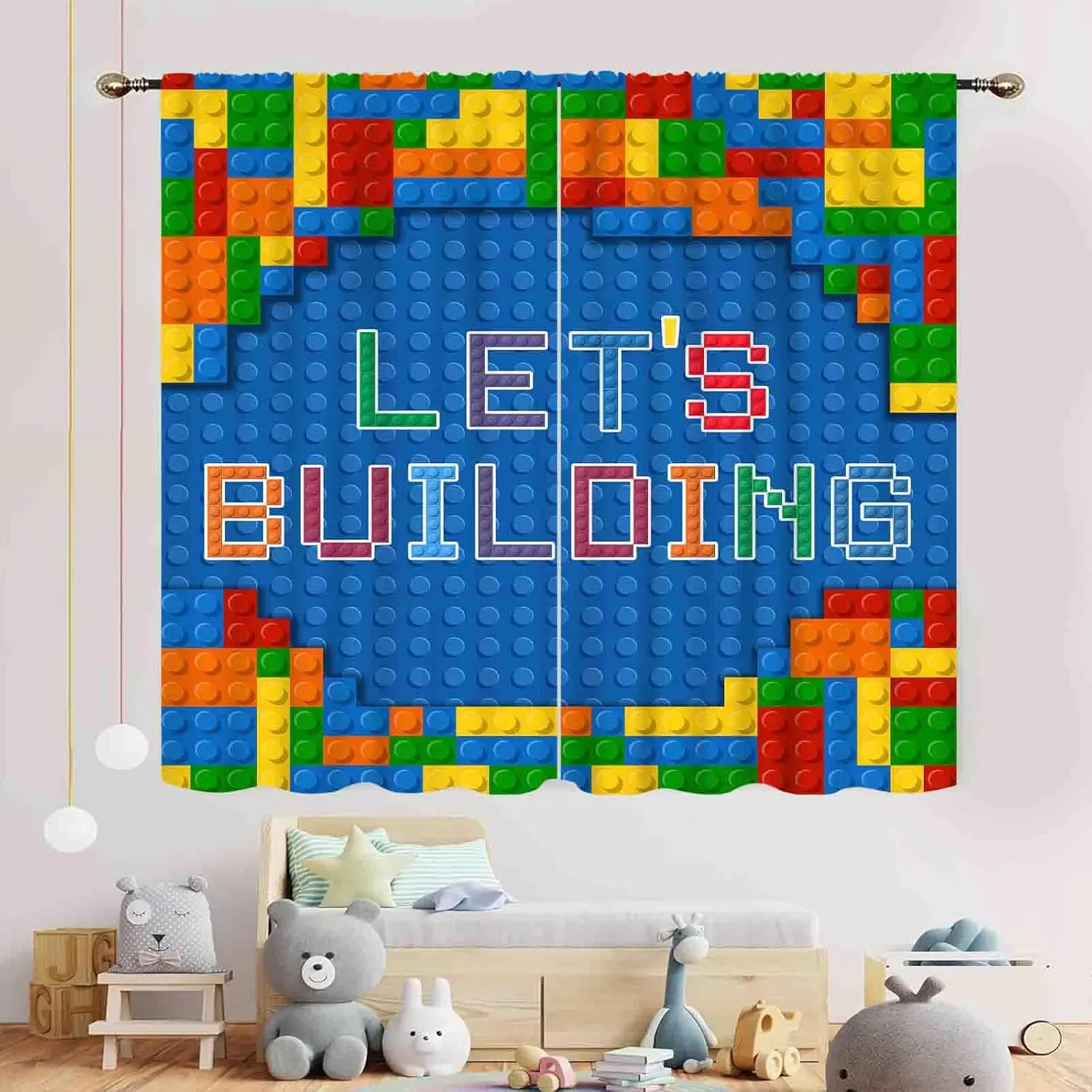Kids Boys Curtains for Bedroom, Colorful Building Blocks Toys Plastic Brick Toy Pattern Abstract Contour Printed Blue Blackout