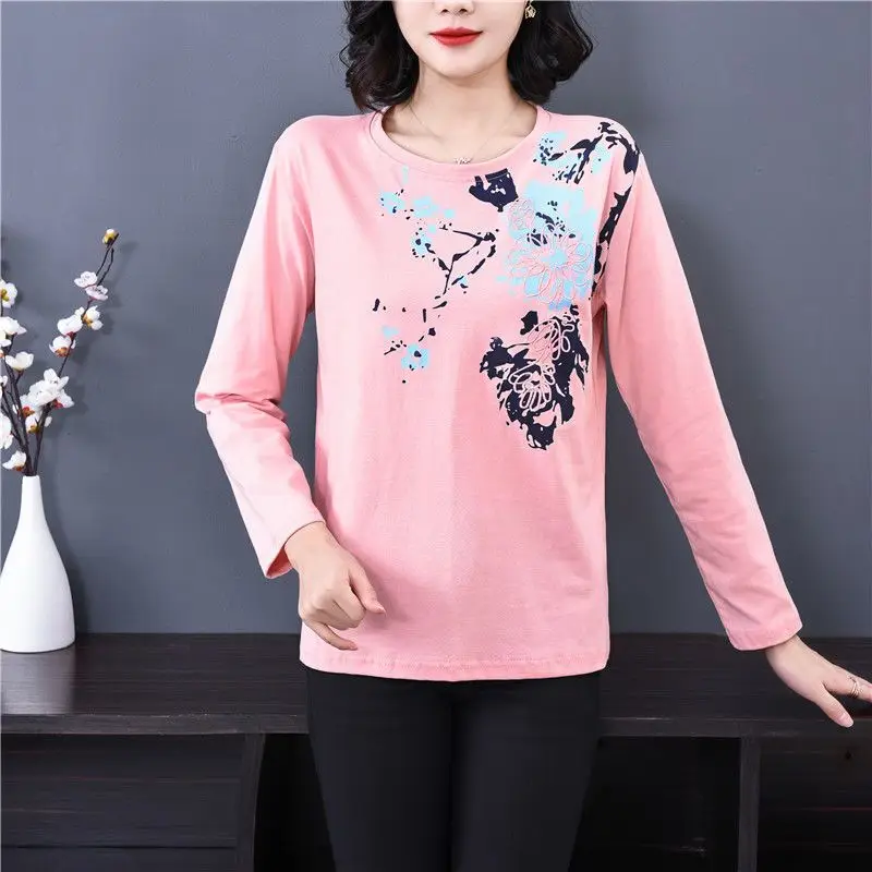 Spring Autumn New Fashion Pure Cotton T-Shirts Women\'s Clothing Printing Round Neck Long Sleeve Tees Loose Simplicity Thin Tops