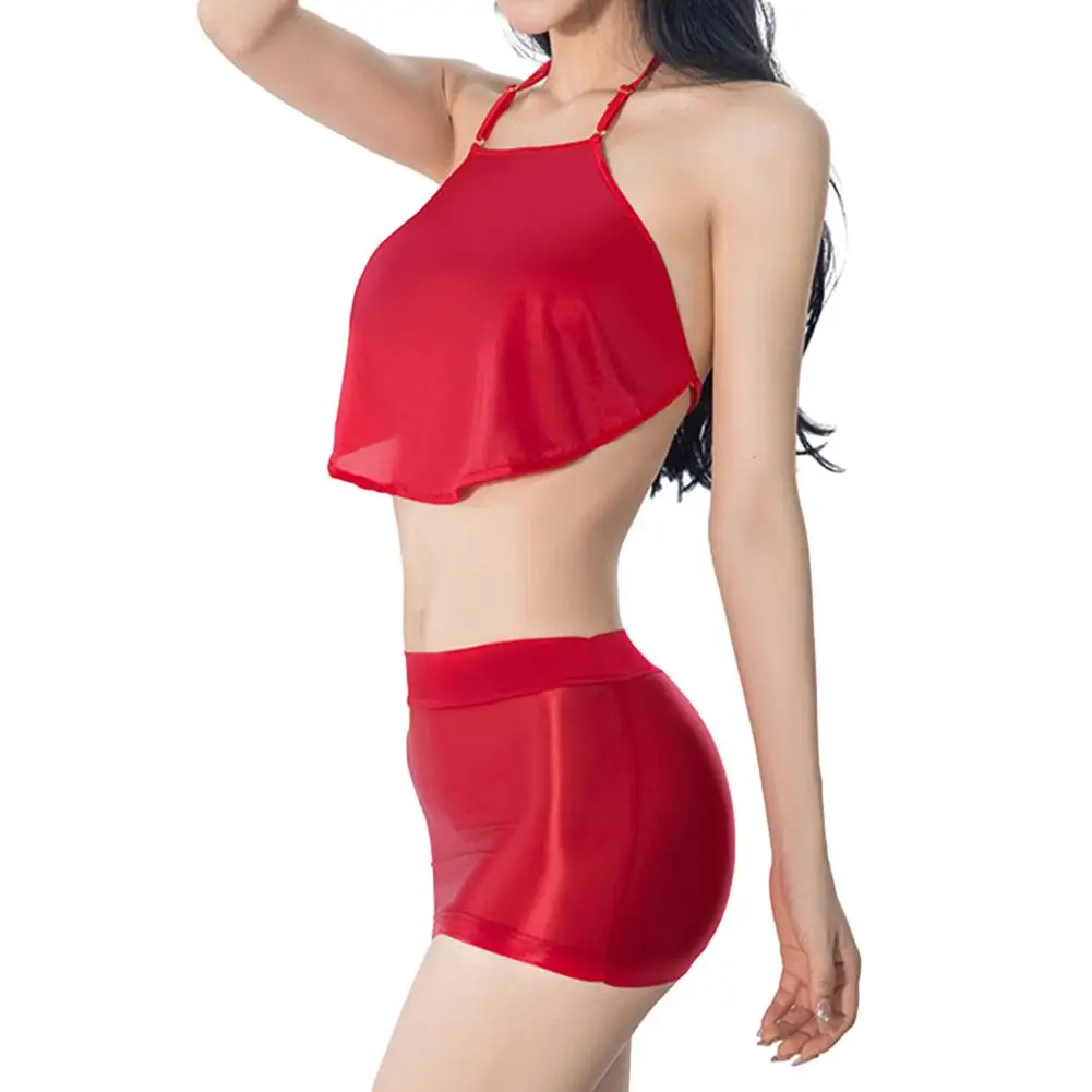 Glossy Sexy Women High Waist Smooth Short Skirt Top Push Up Set Backless Underwear Suspender Vest Transparent Ladies Skirts Sets