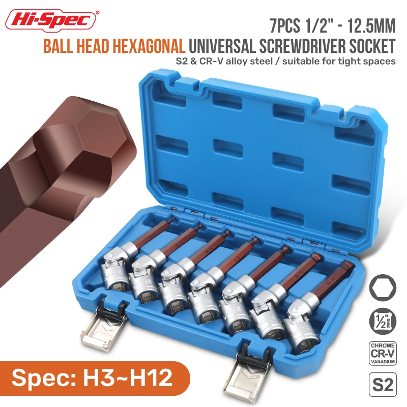 Hi-Spec 7pcs Ball Head Hexagonal Universal Socket Set 1/2