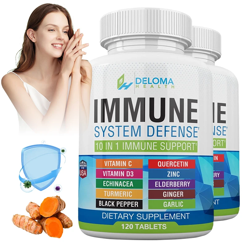 10-in-1 Immune System Defense Supplement - Vitamin C, Vitamin D3, Zinc, Elderberry, Echinacea, Turmeric, Ginger, Garlic