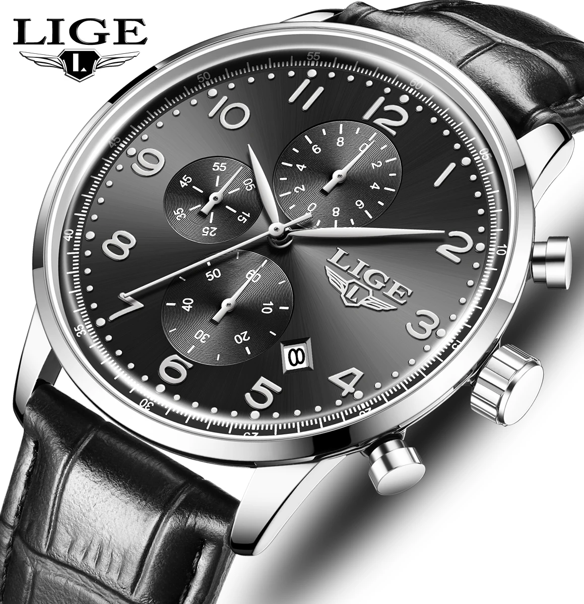 

LIGE Роскошные спортивные военные мужские часы, водостойкие светящиеся хронографы, кожаные мужские наручные часы с датой, кварцевые мужские часы + коробка
