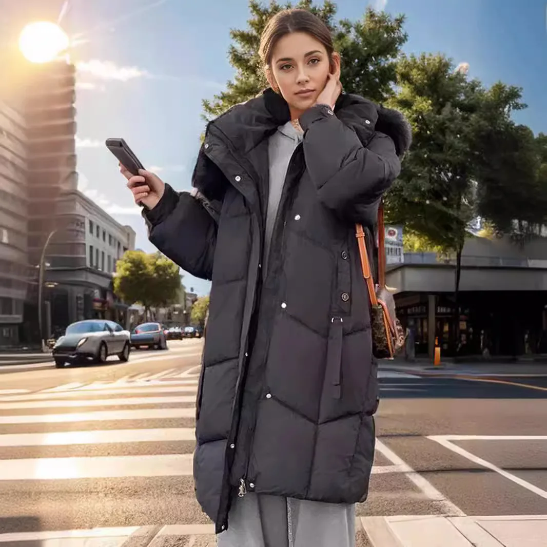Damska kurtka zimowa 2025 z futrzanym kołnierzem, zapinana na zamek, długa, ocieplana, z wysokim kołnierzem, gruba, ciepła kurtka bawełniana dla kobiet.