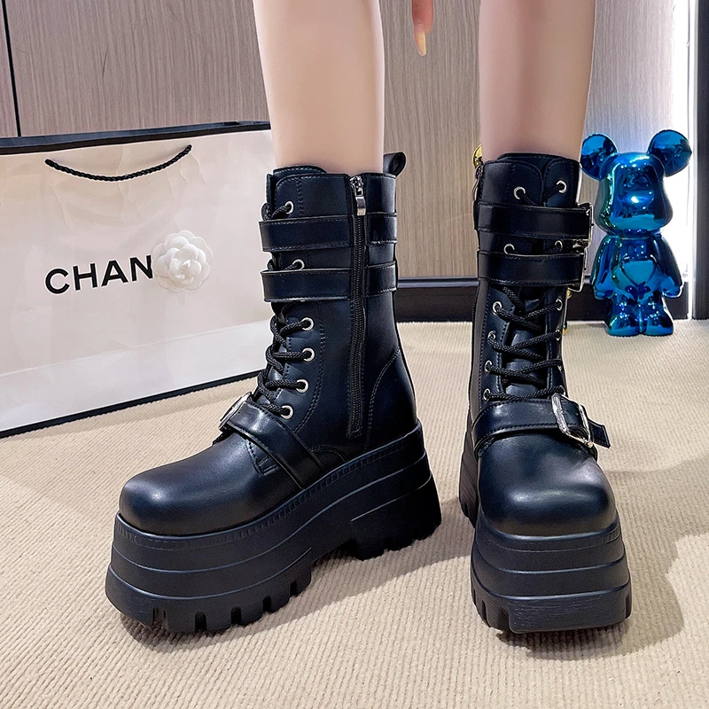 Gloednieuwe Dames Goth Platform Laarzen Mode Klinknagel Gesp Punk Wiggen Hoge Hakken Dameslaarzen Party Street Cosplay Vrouw Schoenen