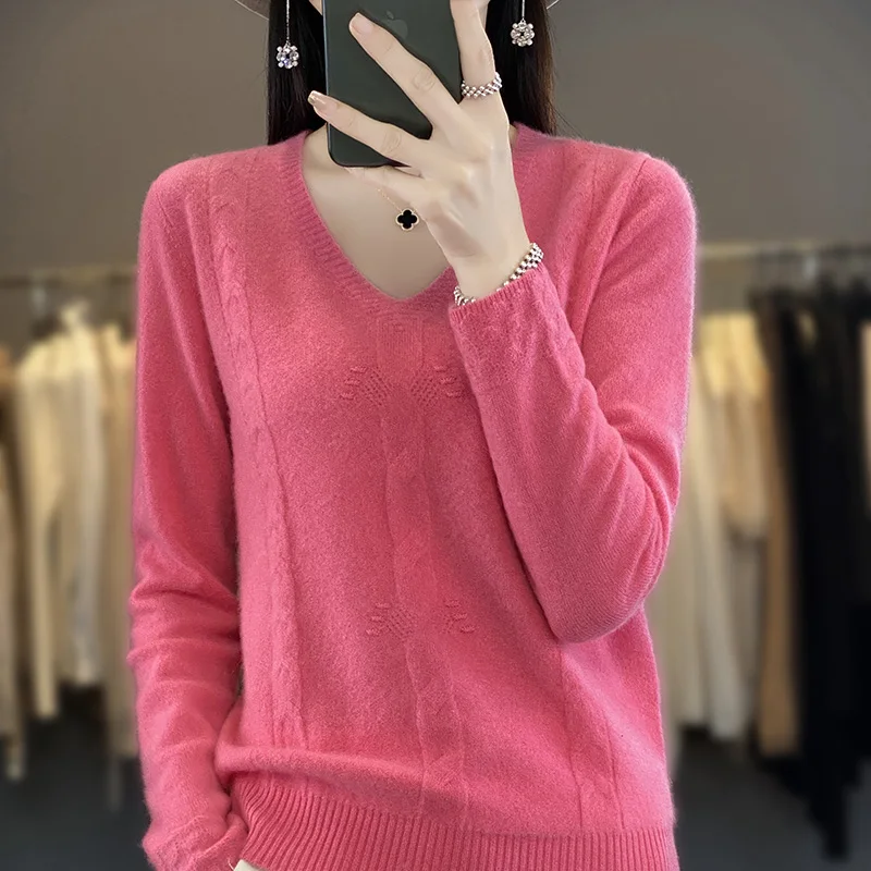 2023 Autumn Winter Fashion Women V-Neck Candy Color Knit Jumper Lady Cashmere Sweater Female Casual Pullovers Women\'s Clothes