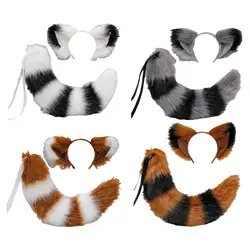 Long Fox Ears Tail Cosplay Halloween Toys Headwear Adults Party Children
