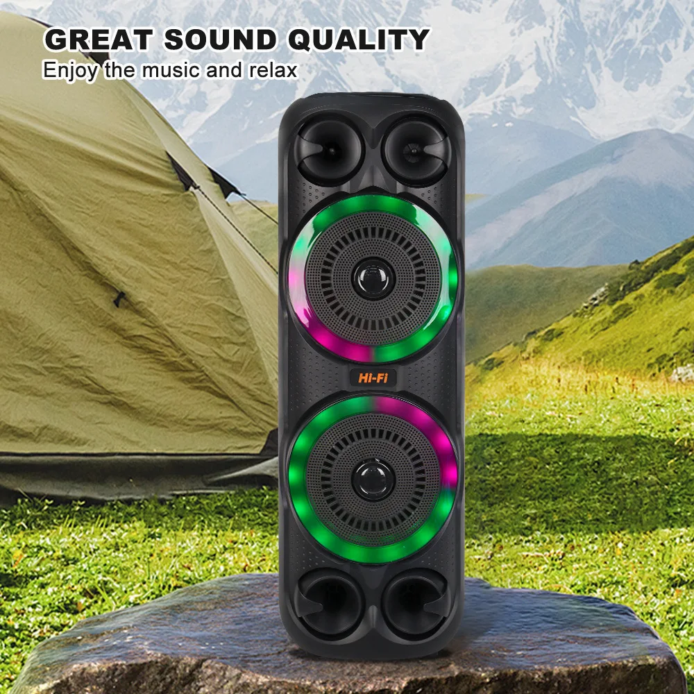 Dual 8-inch Speakers Wireless Bluetooth Speaker Outdoor Waterproof Portable Subwoofer RGB Colour Lights Soundbox Karaoke Party