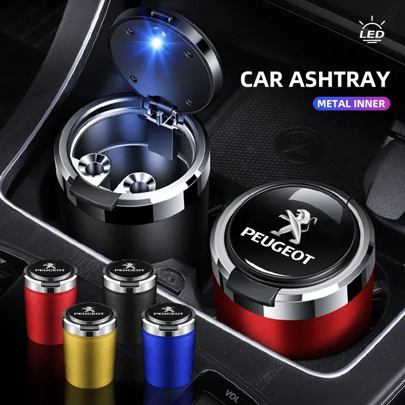 Car Ashtray with Lid Smell Proof Stainless Steel Blue Led Portable Ashtray Cup For Peugeot 206 207 208 306 106 107 108 3008 5008