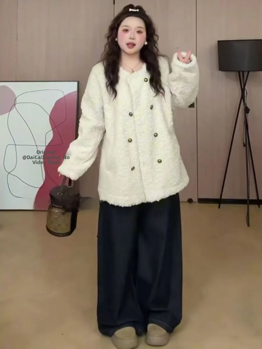 

Женское утепленное короткое пальто из овечьего вельвета с двубортной застежкой, свободного кроя, теплое, однотонное, осенне-зимнее, новый стиль, для повседневной носки, в корейском стиле